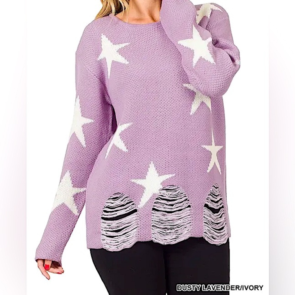 🍒BOGO50%🍒🆕💜ZENANA: DUSTY LAVENDER/IVORY Distressed Star Sweater SMALL